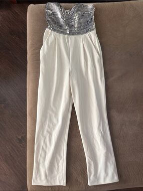 Express Strapless Silver Sequin Bust Ivory Jumpsuit